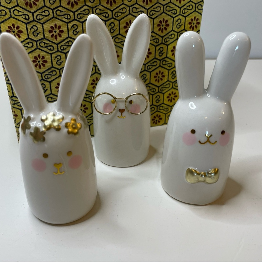 Ceramic Bunny Trio Figurines - White with Gold Accents